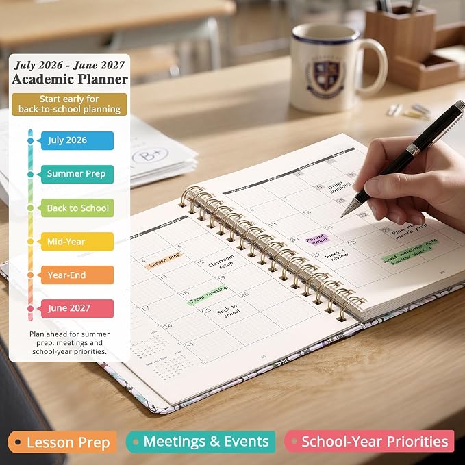 JoyCat Academic Planner 2026-2027, A5 Weekly & Monthly, Wildflowers | July 2026-June 2027 A5 planner combines weekly and monthly layouts, tabs, grid notes and sticker sheets.