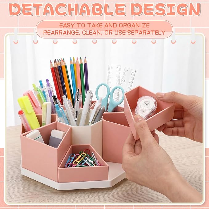 Pajean Rotating Desk Organizer Caddy with 9 Compartments Detachable Rotating Pencil Pen Holders for Desk, 9 Slots 360 Degree Desktop Stationery Art Supplies Makeup Storage Organizer Gift(Pink)