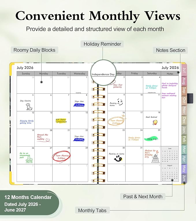 Academic Planner 2026-2027, Hardcover Weekly and Monthly Calendar Planner from July 2026 - June 2027, Daily Agenda Planners with Tabs, College School Organizer for Student Teacher, A5 (6.1" x 8.2"), Green Eucalyptus