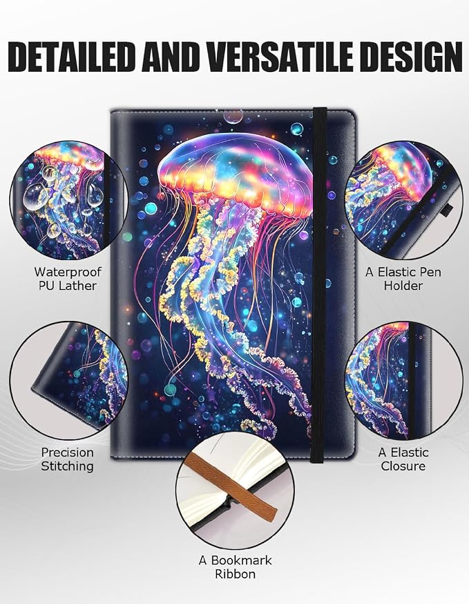 Hardcover Executive Notebooks, A5 PU Leather Lined Journal Notebook, 200 Pages Thick Paper Subject Notebooks for School,Work,Home Writing Business Notebook, Diary Book ，Colorful Jellyfish