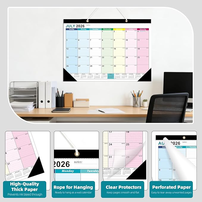 ZTX Desk Calendar 2026-2027 Calendar Desk Calendars 2026-2027-18 Month Planner Big 17"x12" Jul.2026-Dec.2027 Clear Plastic Cover for Home Office School Colorful