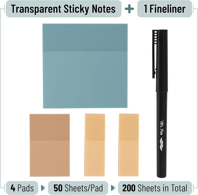 Mr. Pen- Transparent Sticky Notes Set, 200 Sheets | Transparent Sticky Notes and Planner Tabs with Black Fineliner Pen for Bible Study, Office, School, Planning