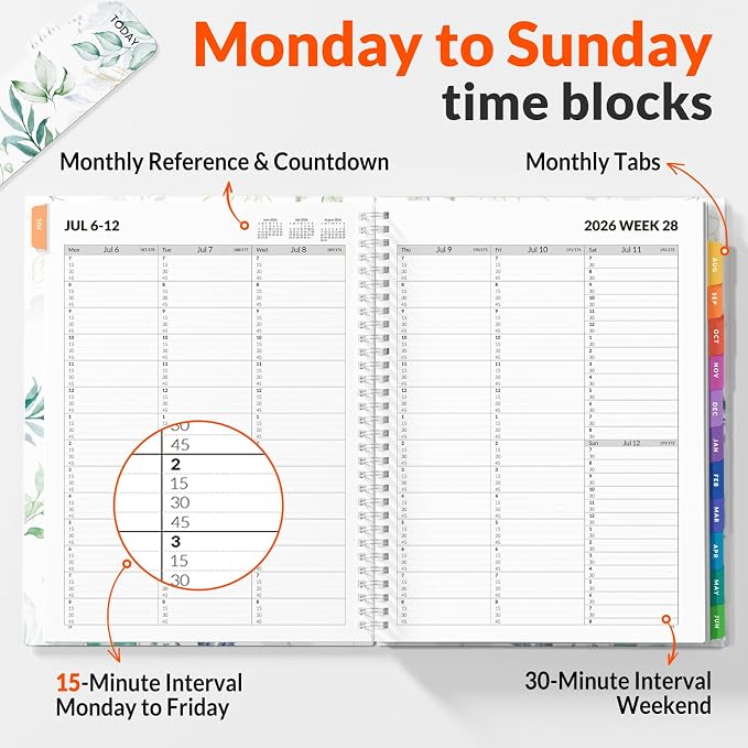 SUNEE 2026-2027 Appointment Book, Quarter-Hourly, Weekly & Monthly - from July 2026 to June 2027, 8.5"x11" Academic Planner, Flexible Cover, Note Pages, Bookmark, Spiral Binding, Greenery