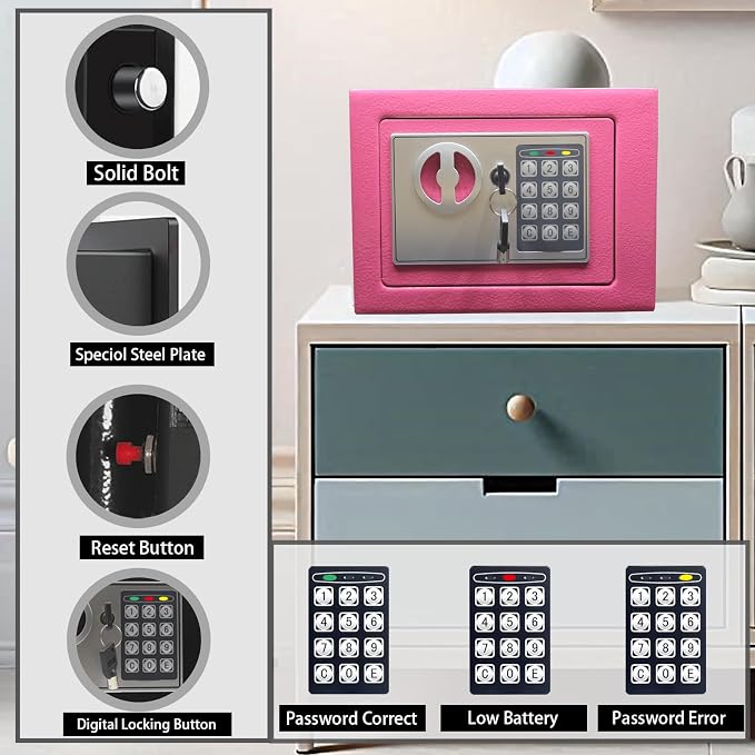Yuanshikj Small Steel Security Safe Box with Keypad,Key;0.23 Cu Ft, Pink | Electronic Digital Secure,9.1" W x 6.7" D x 6.7" H,Hidden for Home Dorm Apartment Hotel Office Cash Jewelry Storage