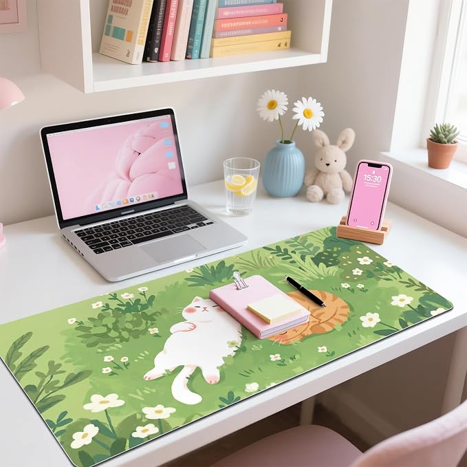 Cat Kitten Grassland Leather Desk Mat Extended Gaming Mouse Pad | Non-slip Large Writing Pad Laptop Blotter Computer Keyboard Mat | Cute Kawaii Desk Protector for Home Office 27.6" x 13.8"