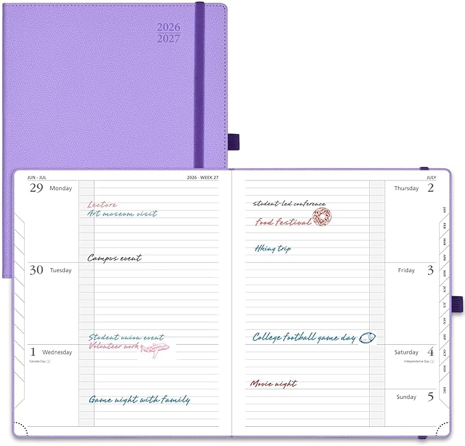 POPRUN Planner 2026-2027 (Large 8.5"x10.5"), Academic Year Weekly Planner | Calendar Book Jul.2026 - Jun.2027, Appointment Book with Monthly Tabs, Leather Hardcover, Inner Pocket, 100GSM - Lavender