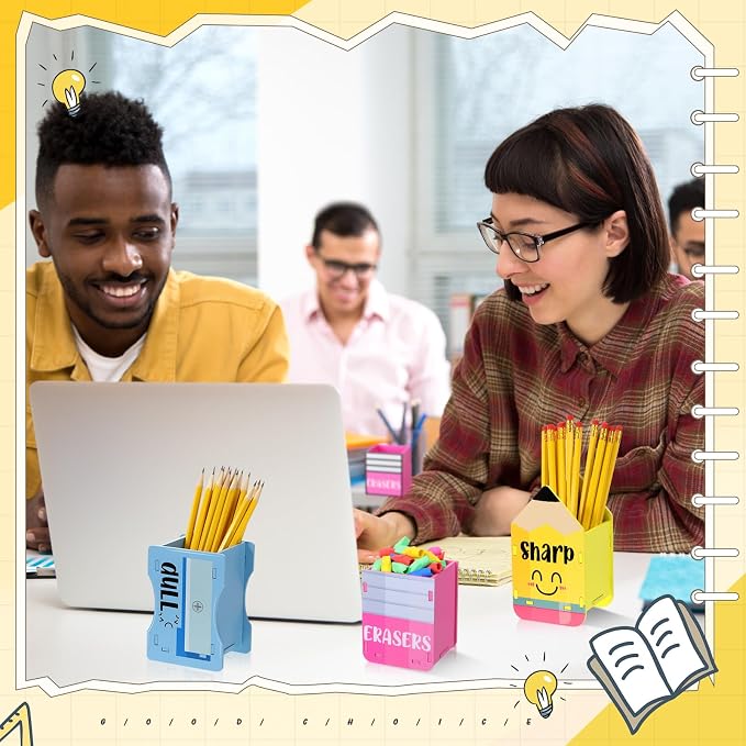 AmazingSpark 3 Pcs Pencil Shaped Holder Sharp and Eraser and Dull Holder Wooden Dispenser Pencil Storage Organizer for Back to School Management Organization(Cute)