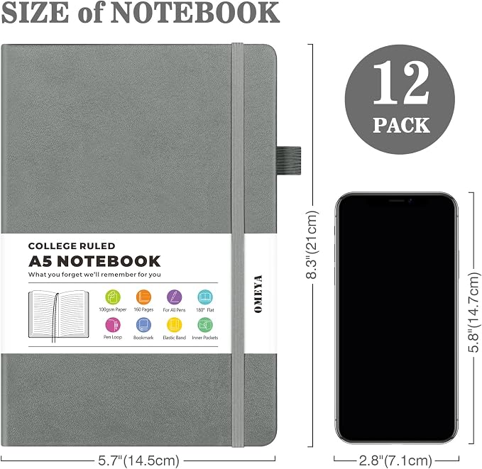 OMEYA A5 Hardcover Notebooks for Work:12 Pack, 100gsm Paper, 160 Pages Each | College-Ruled Pages, 5.75" x 8.38", PU Leather Hardcover, 12 Pens, 2 Inner Pockets, 180° Lay-Flat, For Business, School