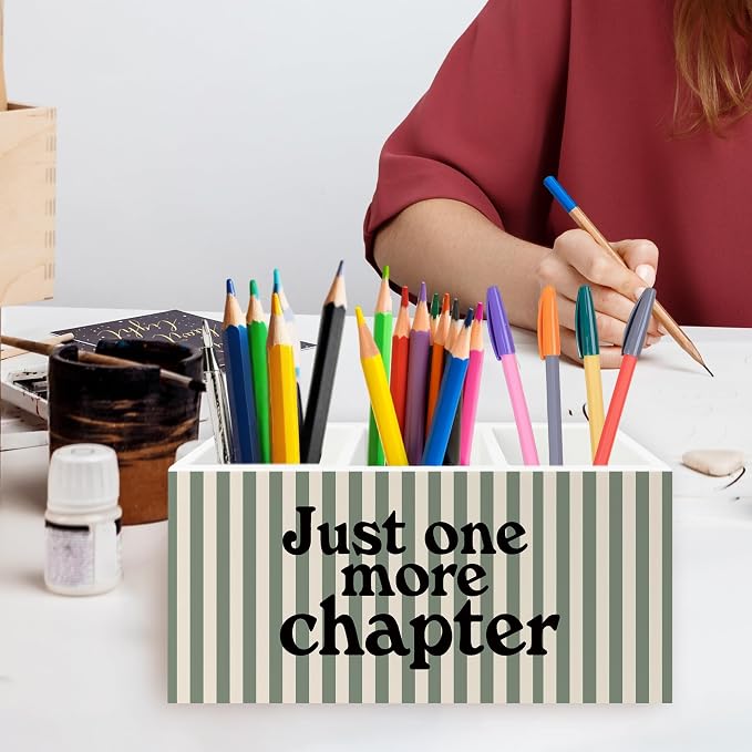 Book Lover Classroom Pen Pencil Holder Organizer for Desk, Just One More Chapter Bookish Striped Wooden Box Signs Decorations for Reading Nook Room Library Desk Tabletop, Book Lover Reader Gifts