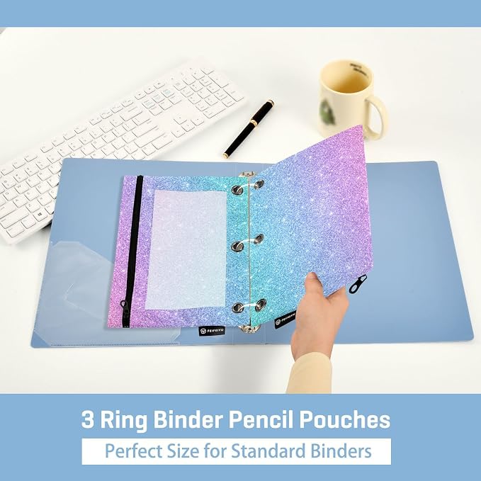 Gredecor Binder Pencil Pouch 3 Ring Glitter Blue Pink Zipper Pencil Pouches Case 2 Pack Clear Binder Organizer for School Office