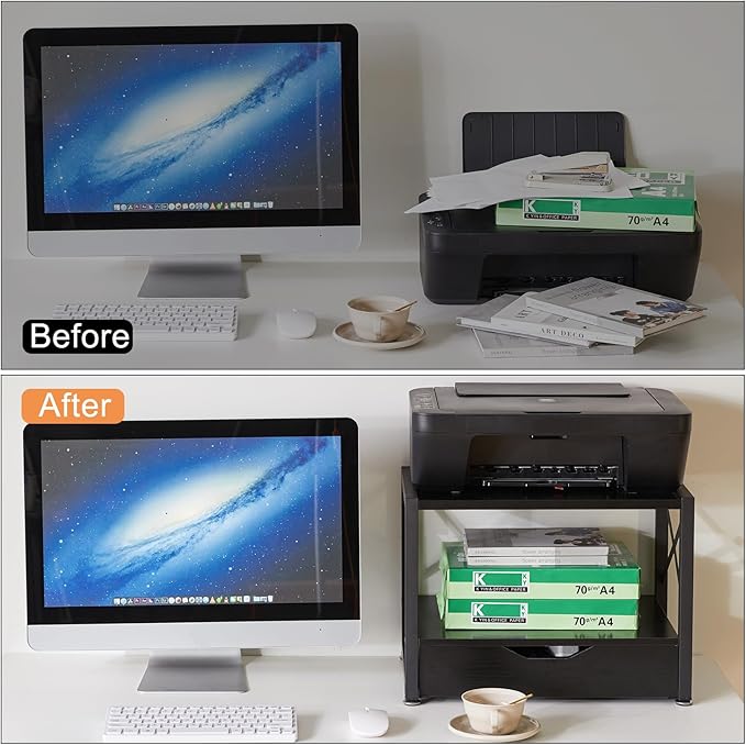 IBUYKE 2 Tier Desktop Printer Stand with Drawer Storage TLJ006B | Multi-Purpose Desk Organizer,Wooden Printer Stand for Folders,Books,for Fax Machine, Scanner,Home Office