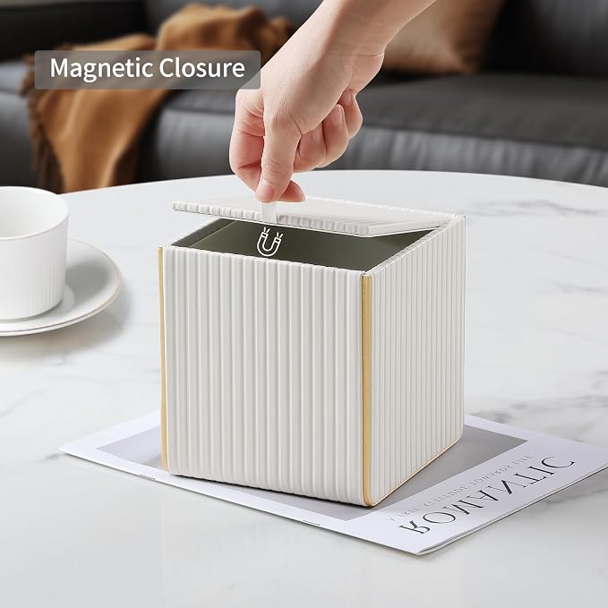 Square PU Leather Tissue Box Cover with Magnetic Closure, Decorative Tissue Holder & Storage Container for Bedroom, Living Room, Dining Room, Bathroom, Countertop, Desk & Office (White)