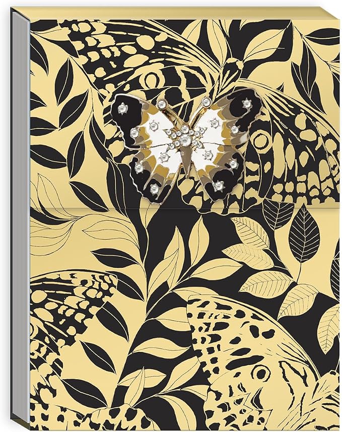 Punch Studio Flip-Top Notepad For Daily Notes or Notes on-the-go, with Magnetic Closure, Brooch Embellishment, Gold-Foil Accents & 75 Illustrated Sheets, 5" x 3.75" - Black Butterflies (50441)