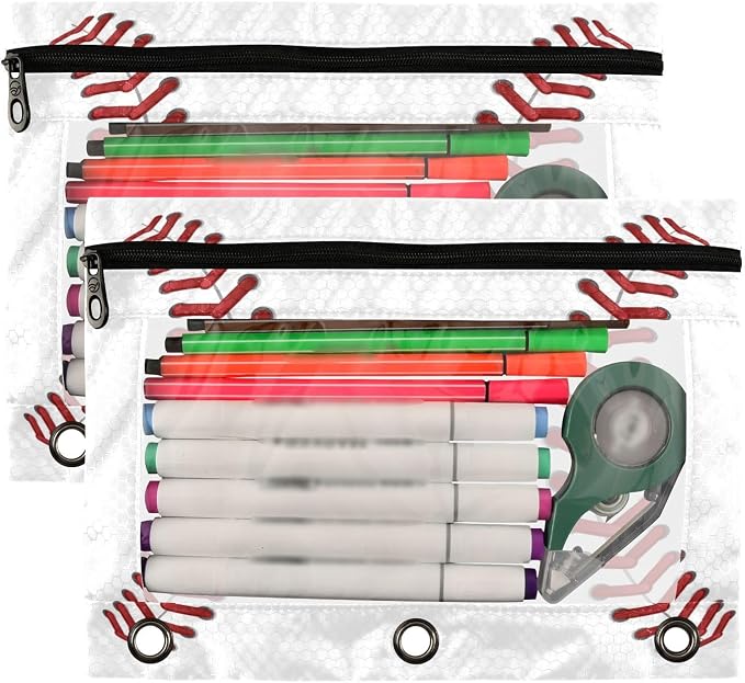 Sport Baseball Print Pencil Pouch Fits standard 3-ring binders, Zipper Binder Pencil Bag with Clear Window for Office 2 Pack