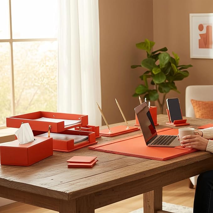 Luxury Executive Leather Desk Organizer Set –13-Piece Office Desk Accessories with Desk Pad, Letter Tray, Phone Stand, Pen Holder & Coasters – Professional Office Desk Decor & Gift (Orange)