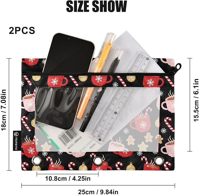Christmas Snowflakes Pencil Pouches for 3 Ring Binder, Zipper Binder Pencil Case, 2 Pack Clear Window Case Bag for Office Organizers