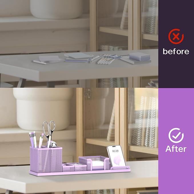 Pen Holder for Desk, 6-Piece Mesh Desk Organizer with Phone Holder, Purple | 6-Piece Black Mesh Desk Set Includes Pen Cups, a Sticky Note Caddy and Phone Holder for Office, School, Home