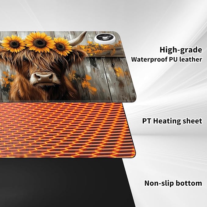 Warm Desk Pad,Heated Desk Pad,Office Mat,3 Heating Levels & 3 Hours Auto Shut-Off,31.5"*13" Gaming Mouse Laptop Keyboard Leather Desk Mat,Highland Cow Wood