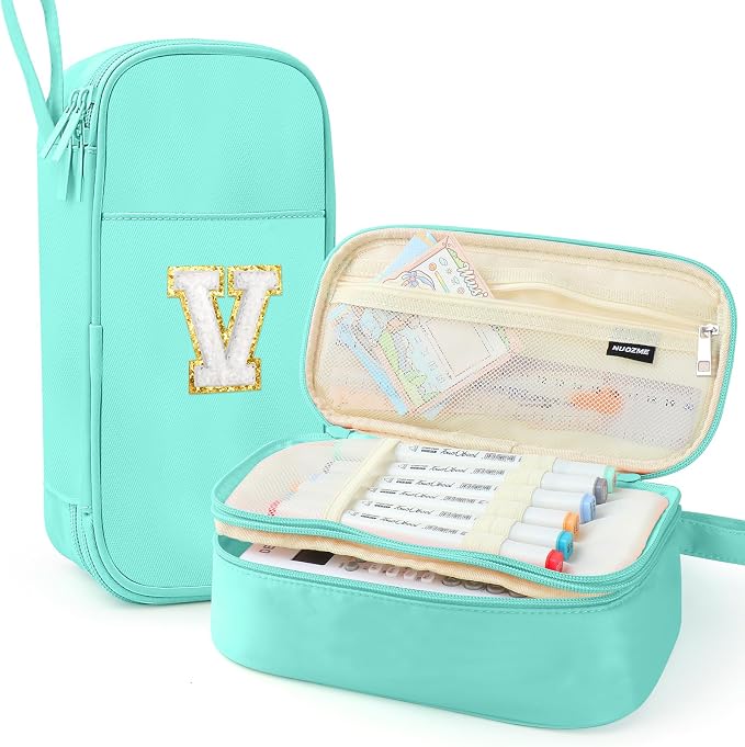 Cute Large Pencil Case Pouch,Personalized Initial Pencil Bag for Girls Boy | Multiple Pockets With Smooth Dual-Zipper, Big Capacity Aesthetic Pen Case Bag For Kids College Art School Gift