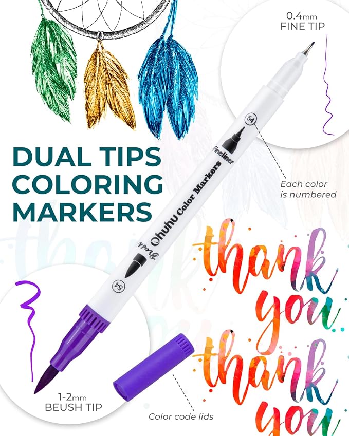 Ohuhu Adult Coloring Book Markers 36 Colors Dual Tip Water-Based-Maui-White | No Bleed Coloring Markers Fineliner & Brush Drawing Pens Art Pens for Kids Adults Sketch Journal