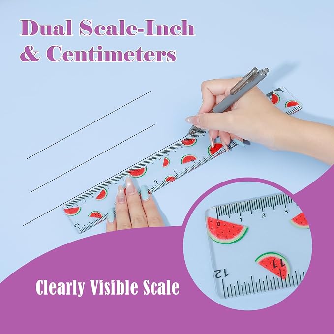 BAYTORY 4Pcs Transparent Acrylic Ruler 12 Inch, Plastic Straight Rulers | Shatterproof Student Stationery Centimeters with Inches, for Classroom Essentials School Supplies (Fruit 12 Inch)
