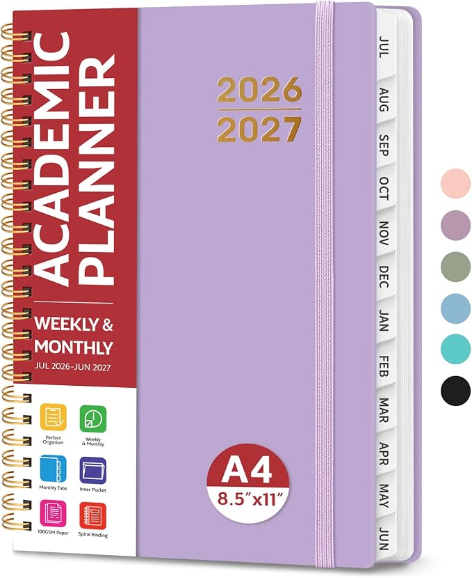 Planner 2026-2027 for Women & Men, Academic Monthly and Weekly Calendar Planner, Jul 2026 - Jun 2027, A4 (8.5" x 11"), Teacher Student Planning Book with Tabs, Ideal for Office School Supplies - Lilac Purple