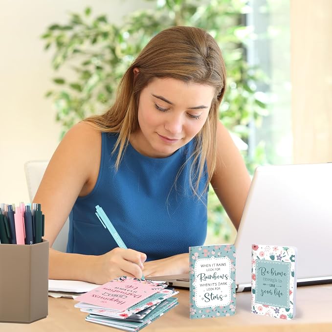 Funrous 32 Pcs Motivational Quote Pens Inspirational Notepads Mini Journal with Ballpoint Pen Small Notebooks Gift for Men Women Coworker Adult Party Favors Prize Teacher Student Office(Floral)