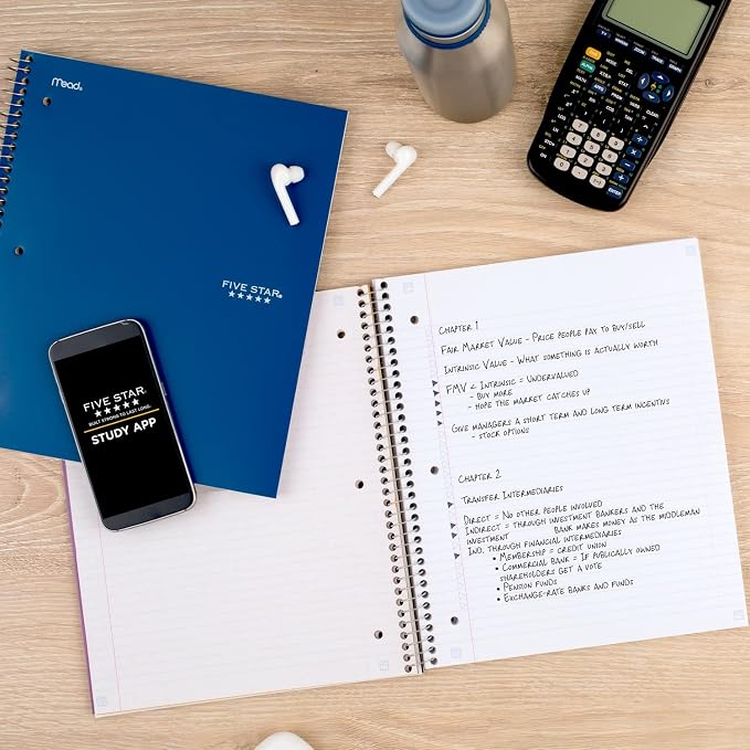 Five Star Spiral Notebook + Study App, 5 Subject, College Ruled Paper, 8-1/2" x 11", 200 Sheets, Fights Ink Bleed, Water Resistant Cover, Pacific Blue (73635) 1 Count (Pack of 6)