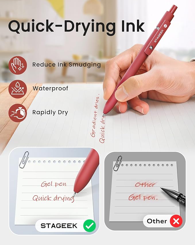 STAGEEK Red Gel Pens GX3, 6Pcs Quick Dry Red Ink Pens with 3 Extra Refills, Fine Point Retractable Smooth Writing Pens for Journaling, Note Taking, School Supplies, Nurse Aesthetic, Office(Red)