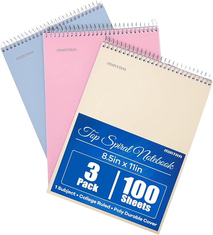 Mintra Office TOP BOUND Durable Spiral Notebooks (Spring Pink, Arctic Ice, Sun Yellow, College Ruled 3pk)