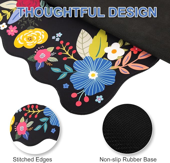 L-SPOUTTO Floral Mouse Pad,Black Desk Mat XXL Large Scalloped Gaming Mousepad,35.4x15.7in Non-Slip Rubber Base Keyboard Pad Waterproof Desktop Mat for Laptop Computer Game Home Office-Black Floral