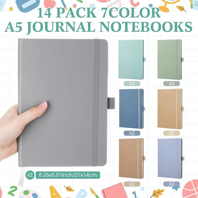 Laumoi 14 Pack Hardcover Journal Notebooks Bulk Journaling Notebook Wide Ruled PU Leather Ruled Lined Journals with Pen Holder for School Business Work Writing (Classic Color,A5)