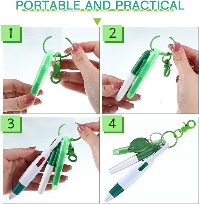 Chinco 30 Pcs Retractable Shuttle Pen Clip with Mini Highlighter Nurse Badge Pen Neon Marker LED Keychain Ring Clip