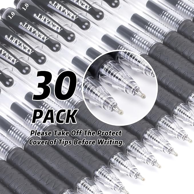 Aen Art 30 Gel Pens - Retractable Gel Ink Roller Pens for Writing, Black 0.7mm Fine Point- for Office, School - Quick Dry + Rubber Grips