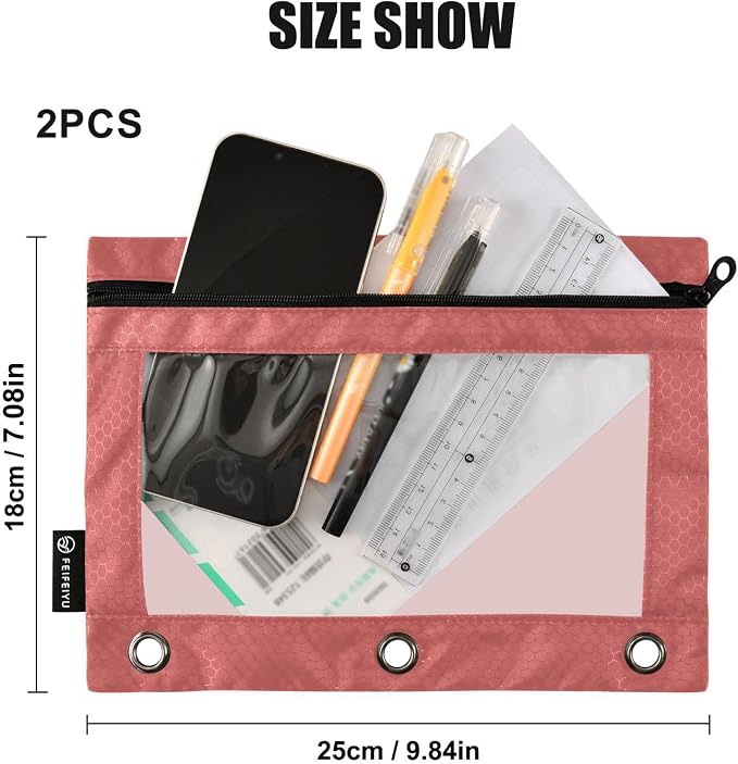 Gredecor Binder Pencil Pouch 3 Ring Indian Red Zipper Pencil Pouches Case 2 Pack Clear Binder Organizer for School Office