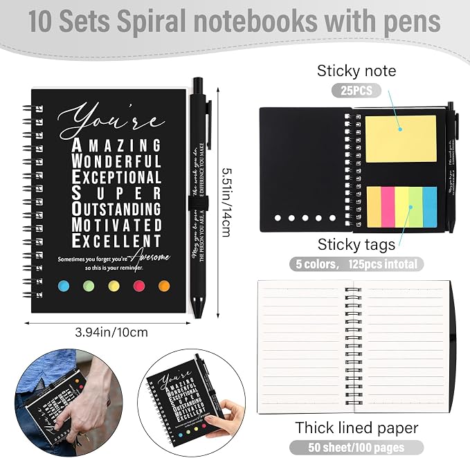 Jetec 20 Pcs/10 Sets Back to School Teacher Gifts Motivational Spiral Notebook with Sticky Notes Pen Bulk Inspirational Journals Thank You Gift for Employee Coworker Birthday Party (Black)
