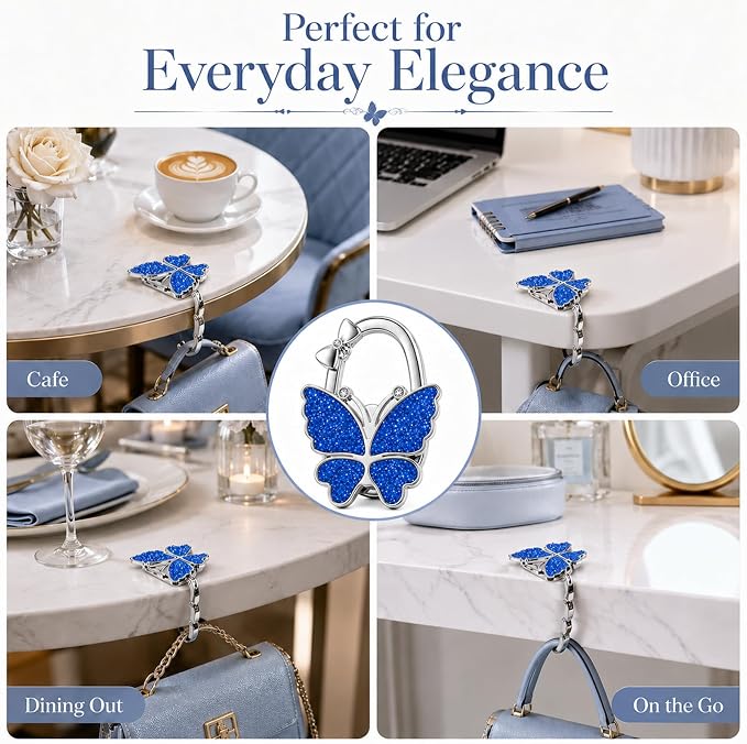 Purse Hook for Table, Foldable Handbag Hanger for Women, Portable Bag Holder with Non-Slip Base, Cute Matte Blue Butterfly Purse Table Hook for Restaurant Office Travel Gift