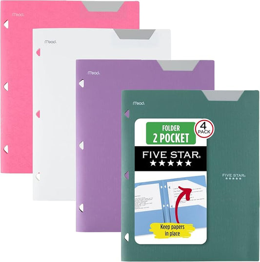 Five Star 2-Pocket Folder,Plastic Folder with Stay-Put Tabs,Fits 3-Ring Binder,Holds 8-1/2" x 11" Paper,Tidewater Blue,White,Amethyst Purple,Harvest Yellow (38065),4 Count (Pack of 6)