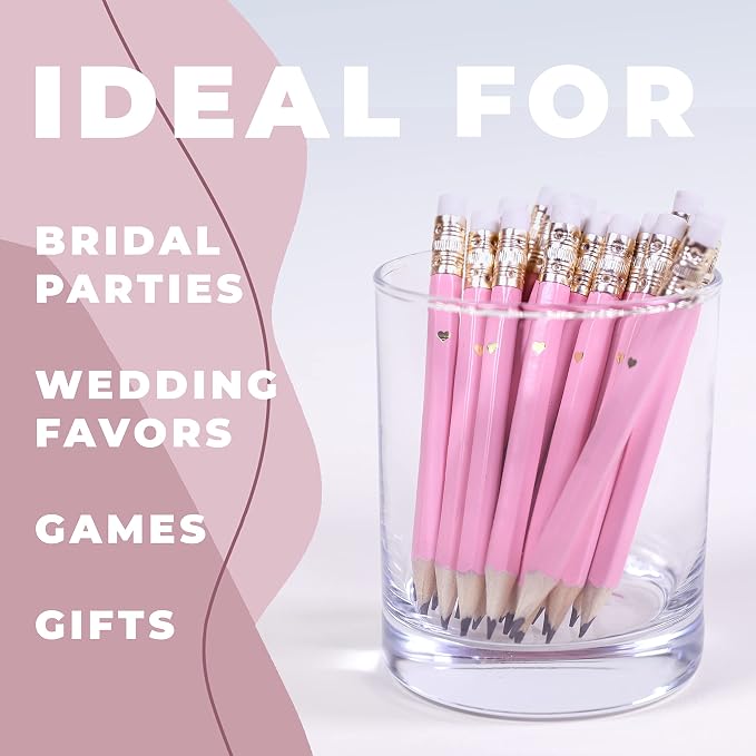 Heart Pencils for Baby Shower Games and Bridal Shower Games, Mini Pencils, Small Pink Pencil Set For Game Prizes, Bridal Pens (Pink)