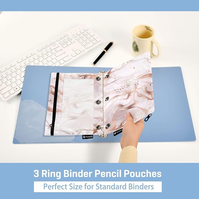 Rose Gold Abstract Marble Pencil Pouch Fits Standard 3-Ring Binders, Zipper Binder Pencil Bag with Clear Window for Office 2 Pack