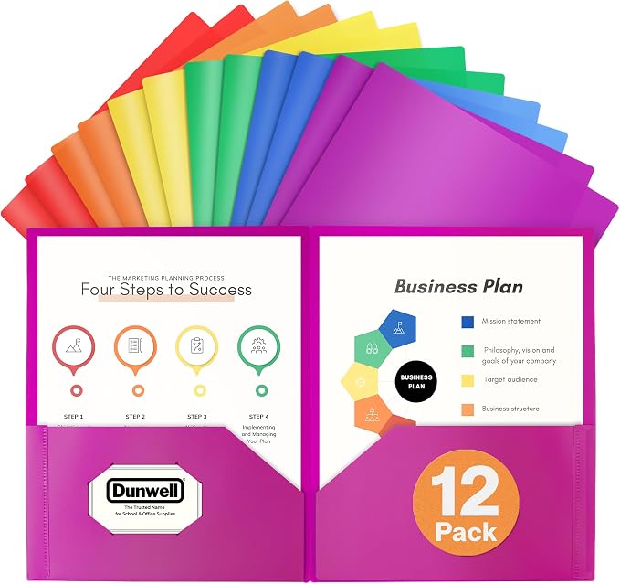 Dunwell Colored Plastic Folders with Pockets - (12 Pack, Assorted Colors), 2-Pocket 8.5x11 Folders for School and Office, Heavy Duty Long Lasting Poly, Includes Labels