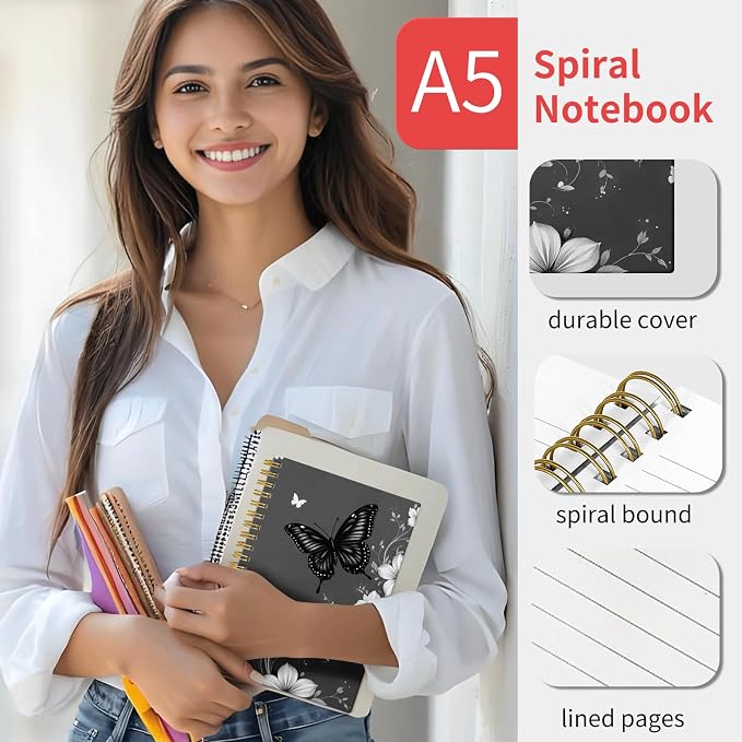 KZYVFNPQ Spiral Journal Notebook for Women Men, A5 Cute Hardcover Lined Notebook with Strong Binding,College Ruled Notebook for Office Work Writing(Butterfly Floral)
