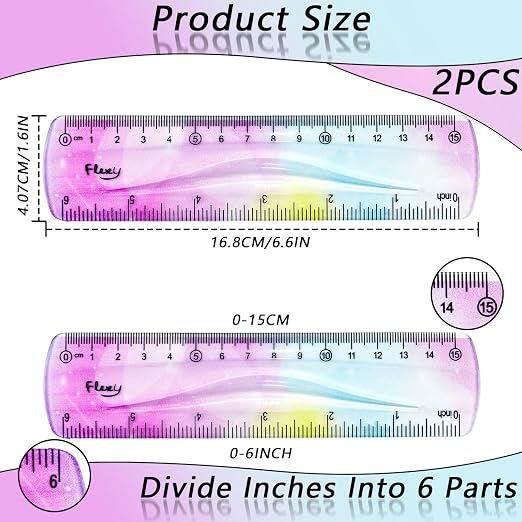 2 PCS 6 Inch Flexible Ruler, Bendable Plastic Ruler, Soft Bendable Gradient Colour Rulers with Centimeters and Inches for Student School Classroom Office Supplies
