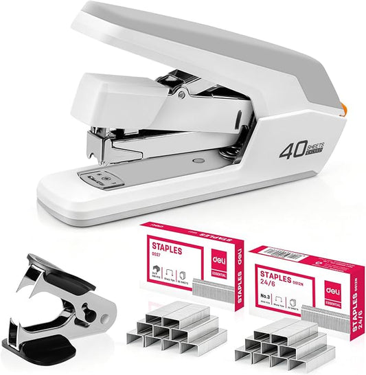 Deli Effortless Desktop Stapler, Heavy Duty Stapler, 40-50 Sheet Capacity, One Finger, No Effort, Includes Staples & Staple Remover, White