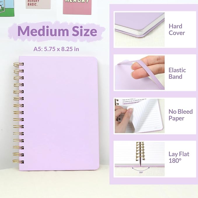 SUNEE Lined Spiral Journal Notebook for Women, 146 Pages College Ruled Hardcover Journaling Notebook for Work, Note Taking and Office School Supplies, A5 - Purple