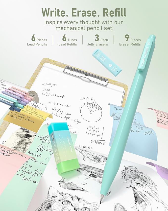 Four Candies School Supplies with Cute Pen Case, 39ct Green | Back to School Stationery Set, Essentials for College & Nursing Students, 5 Gel Pens, 6 Mechanical Pencils, 12 Highlighters