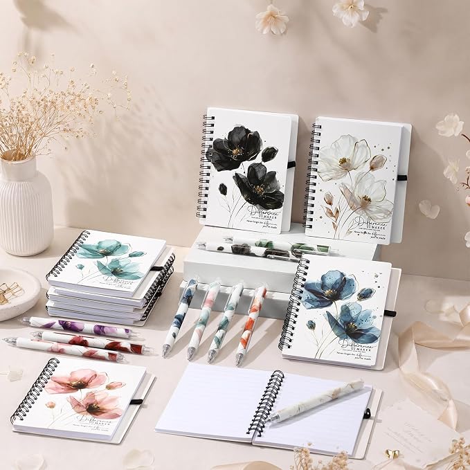 Resurhang 30 Sets Difference Maker Employee Appreciation Gift Bulk Inspirational A6 Spiral Notebook Journal Ballpoint Pens for Teacher Volunteer Coworker Team Back to School (Floral Colors)