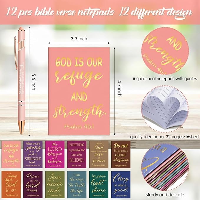 Estune 24 Pcs Christian Gifts for Women Bible Pens Notepads Gift Set Ballpoint Pen Notebook Inspirational Quotes Christian Pen Bible Motivational Gift for Church Coworker (Simple Style)