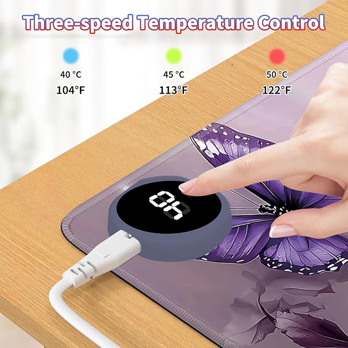 Heated Desk Pad Large Mouse Pad 31.5 x 13 inch with 3 Levels Heating & Auto Shut-Off Warm Mouse pad PU Leather Computer Mousepad for Home Office Work - Purple Roses and Butterflies