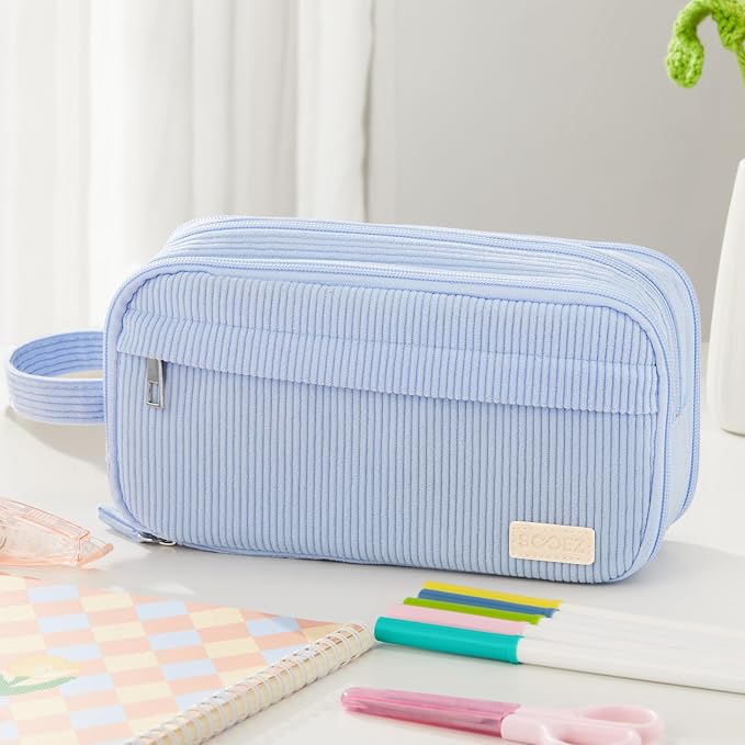 Sooez High Capacity Pencil Case, Soft Corduroy Pencil Pouch with 4 Compartments, Multiple Pockets, Large Bag with Sturdy Zipper, Cute Case Pouch Organizer for Student Teen Girls, Yellow